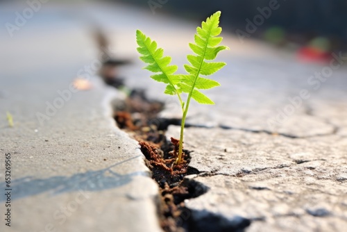 a small fern growing through a crack in a pavement
