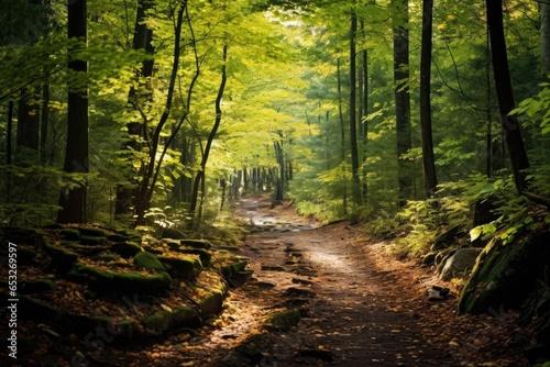 a trail in the forest with sunlight filtering through leaves © altitudevisual
