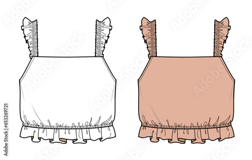 woman ruffle pleated strap top fashion vector	
