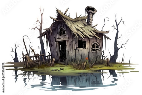 Wooden scary house on swamps. Cartoon hut in swamp forest, Halloween illustration.