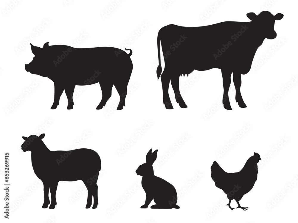 Collection of silhouettes of farm animals - cow, pig, sheep, rabbit, chicken. Animals side view. Illustration on transparent background