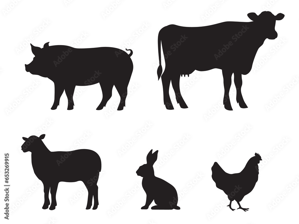 Collection of silhouettes of farm animals - cow, pig, sheep, rabbit, chicken. Animals side view. Illustration on transparent background Collection of silhouettes of farm animals - cow, pig, sheep, rabbit, chicken. Animals side view. Illustration on transparent background