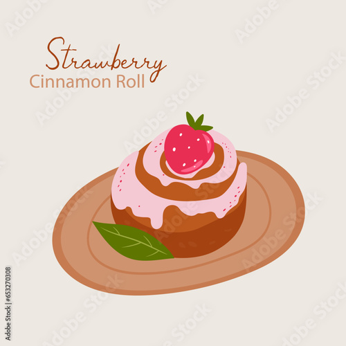 Illustration Cinnamon Roll with Strawberry and Plate 