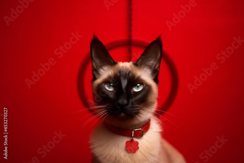 smiling balinese cat wearing a devil horns headband over ruby red background © Markus Schröder