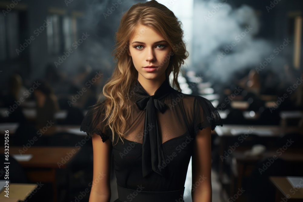 Young beautiful woman in black dress in in classroom at a school of magic, generative ai Young beautiful woman in black dress in in classroom at a school of magic, generative ai