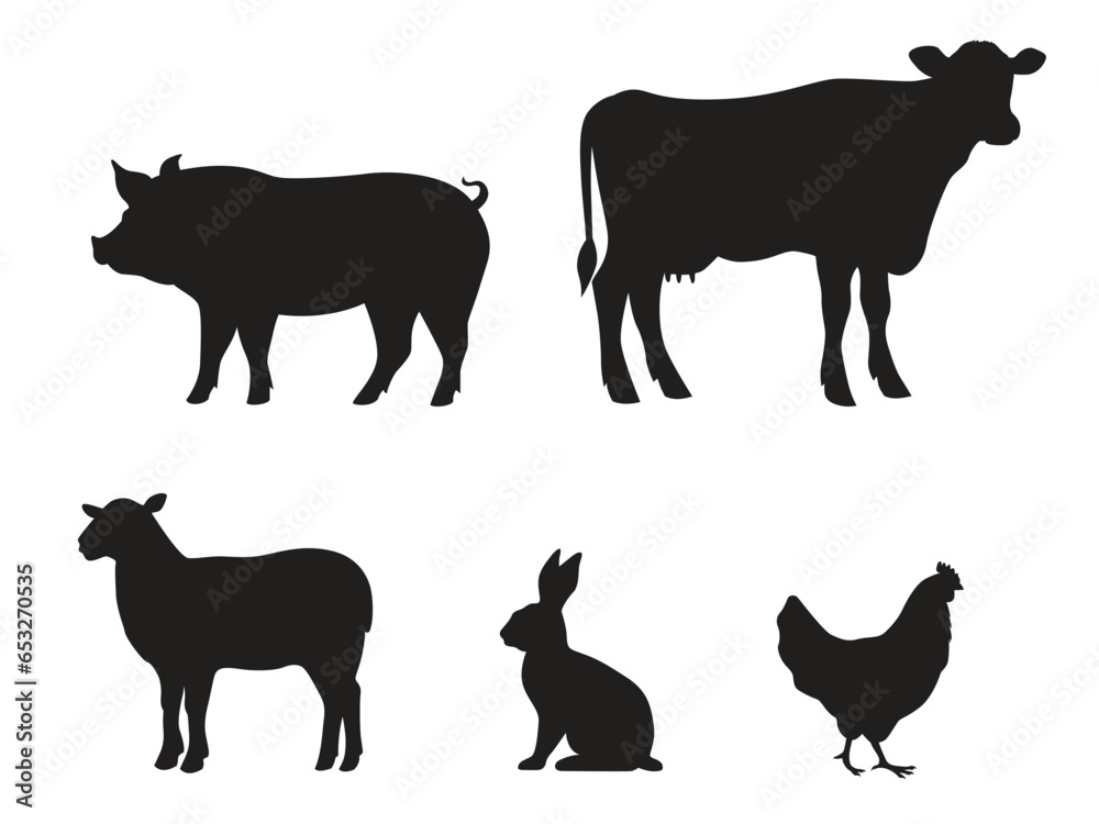 Collection of silhouettes of farm animals - cow, pig, sheep, rabbit, chicken. Animals side view. Vector illustration isolated on white background