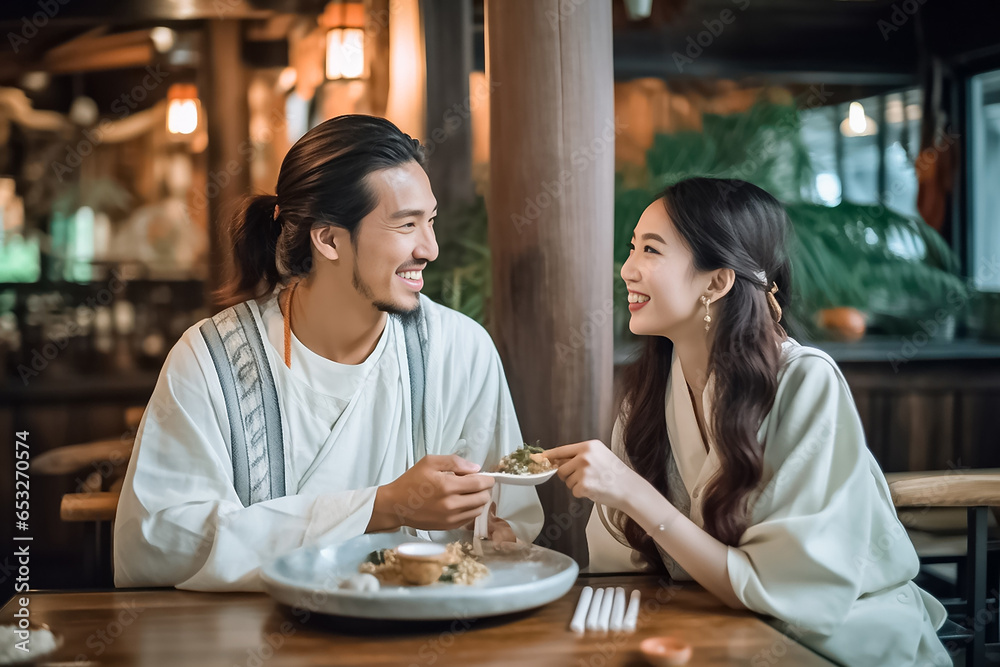 Couple laughing cheerfully while eating together in a Japanese restaurant. Happy couple having a good time in a restaurant. Mature couple enjoying their retirement together. Generative AI.