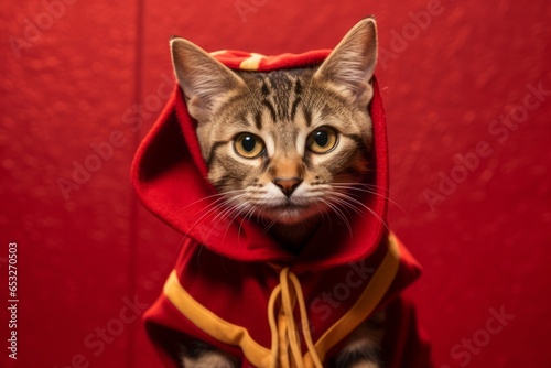 funny havana brown cat wearing a spider costume isolated on ruby red background © Markus Schröder