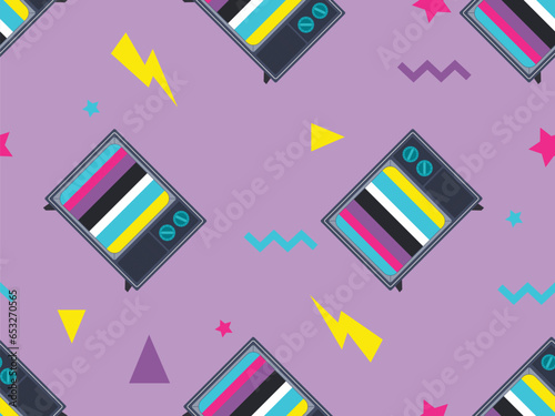 Seamless pattern with retro TV with colored stripes on the screen. Vintage electronics. Vector illustration