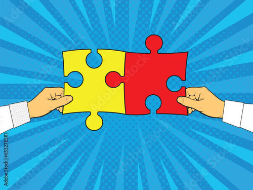 Two hands connects pieces of puzzle. Teamwork concept. Vintage pop art style vector illustration
