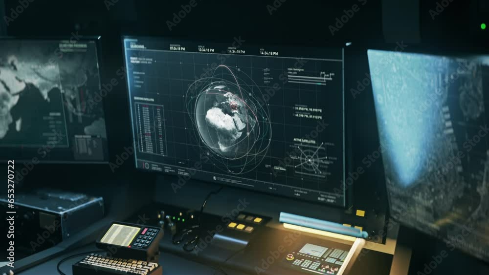 High Tech Satellite Surveillance Network System Used In Spy Control Room. Spy Satellite Network Tracks Hideout Location On Modern Computer Screen. Spy Satellite Network Scans Digital Global Earth Map. High Tech Satellite Surveillance Network System Used In Spy Control Room. Spy Satellite Network Tracks Hideout Location On Modern Computer Screen. Spy Satellite Network Scans Digital Global Earth Map.