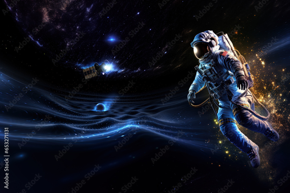 Fototapeta premium Astronaut floating in the space with ship behind and gravitational waves