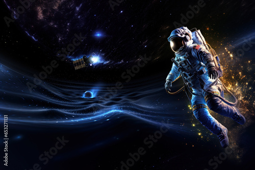 Astronaut floating in the space with ship behind and gravitational waves © acambium64