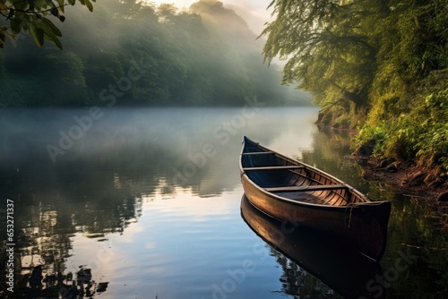 canoe resting on the bank of a peaceful river