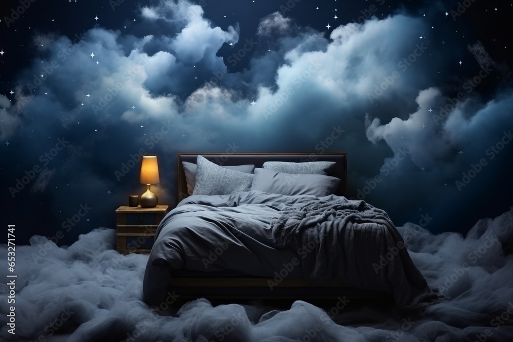 Slumber in the Clouds - Surreal Bedroom.
Bed enveloped by mist against a starry night backdrop.