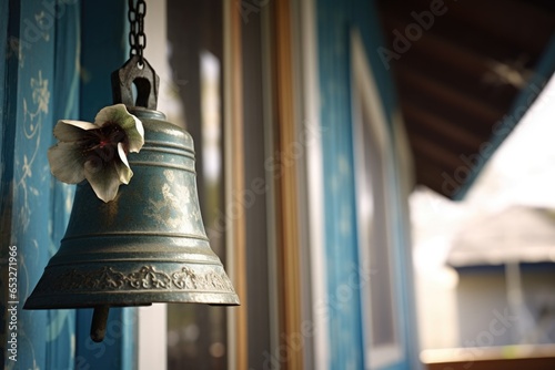 close up of a porch bell, door background