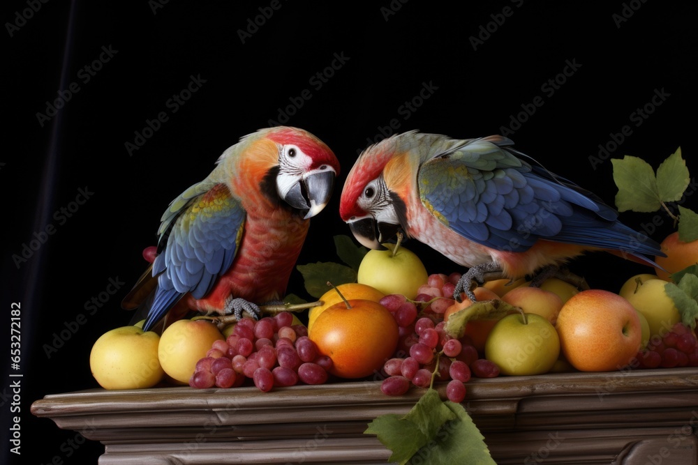 Fototapeta premium two parrots on a perch sharing a piece of fruit