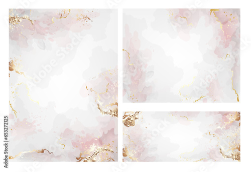 Vector watercolor style light pink texture with golden glitter and stones for your gift and wedding invitations. Editable transparent templates 