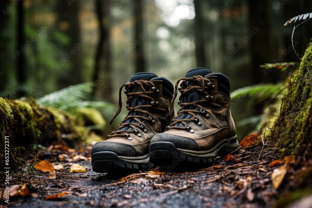 hiking boots on a forest path hiking boots on a forest path