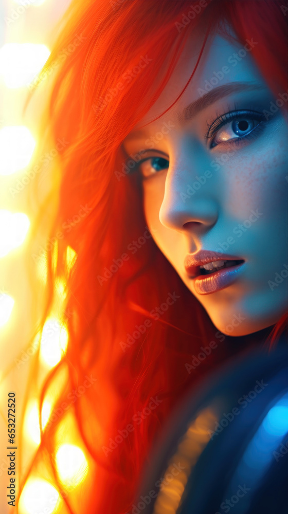 Portrait of Stunning Young Alien Woman with Blue Hair Captured in Golden Hour and Natural Light, High-Quality Beauty Photography	