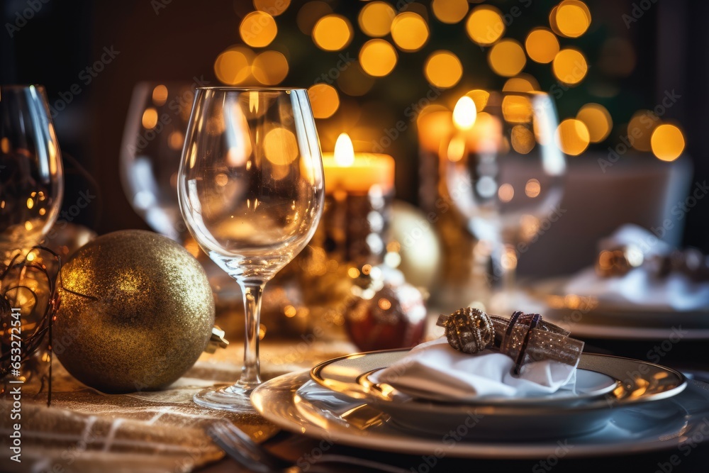 Setting the Christmas dinner table. Christmas decoration.