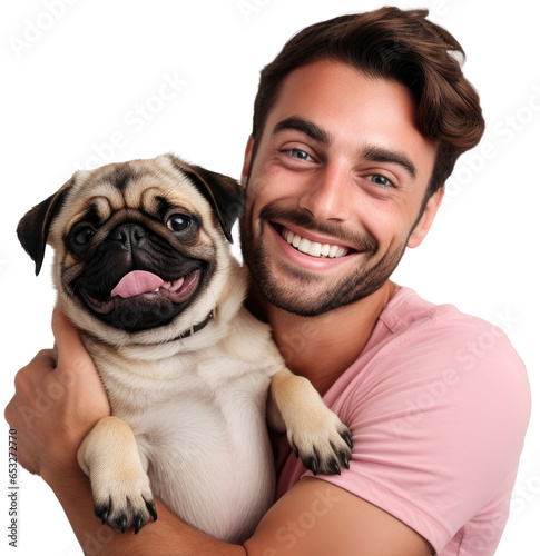 Smiling man holding a happy pug dog in his arms isolated on a white background as transparent PNG
