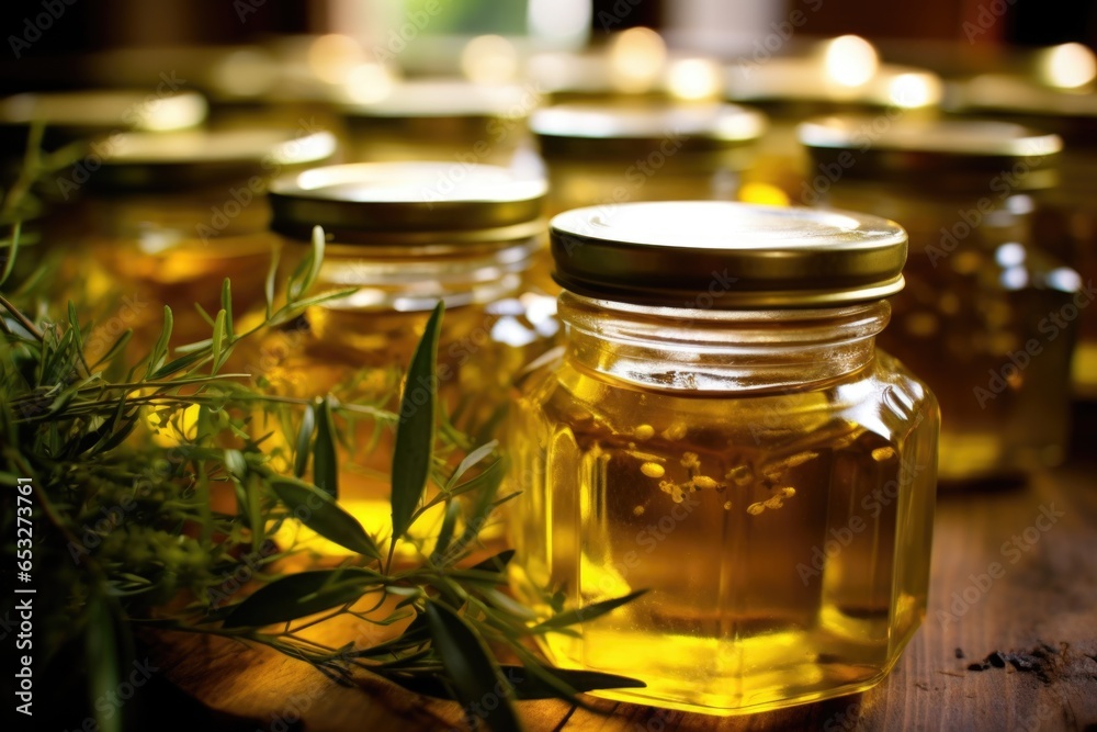 close-up of olive oil in small glass jars close-up of olive oil in small glass jars
