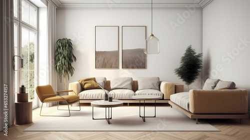 Scandinavian Living Room with wooden floors with interior consisting of a sofa, table, potted plants, lamps, with a large window on the side