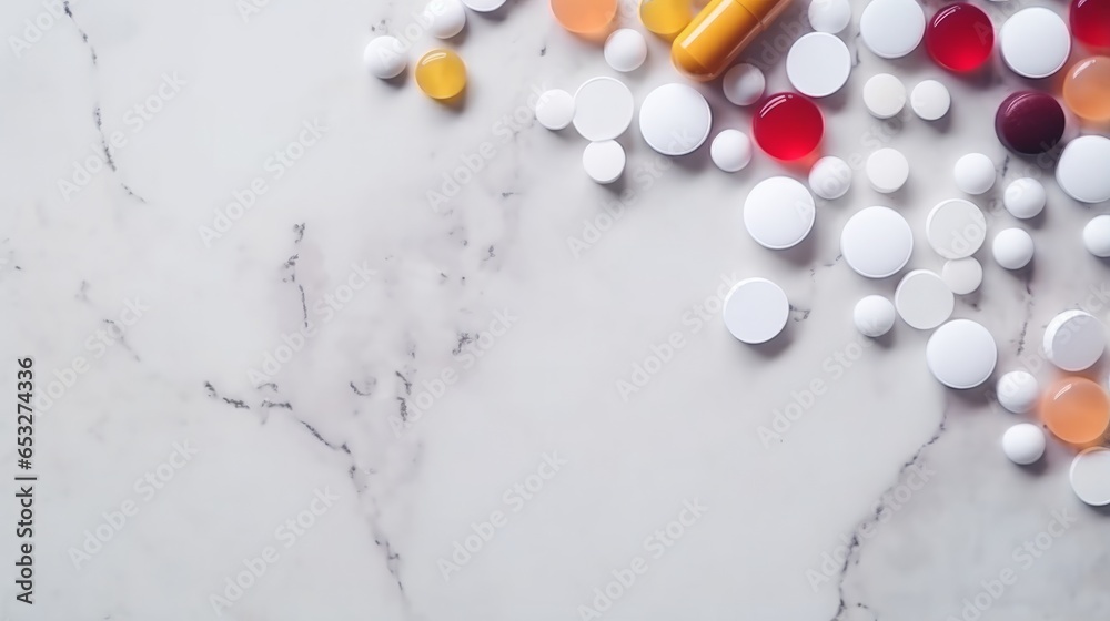An assortment of medication arranged neatly on a marble tabletop An assortment of medication arranged neatly on a marble tabletop