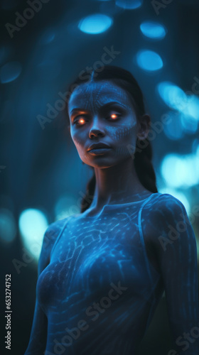 Portrait of Stunning Young Alien Woman with Blue Hair Captured in Golden Hour and Natural Light  High-Quality Beauty Photography 