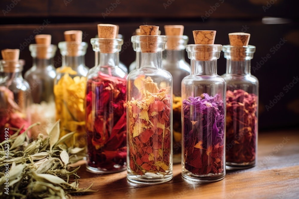 dried petal and leaves in transparent glass apothecary bottles