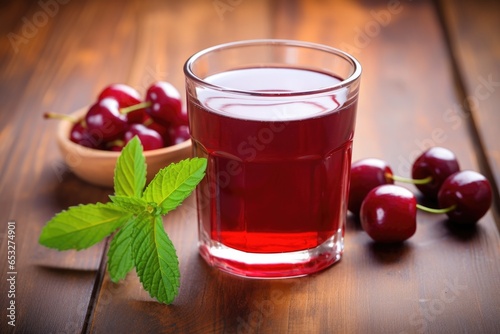 glass of tart cherry juice on a wooden table