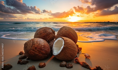 Broken brown coconut on sandy tropical beach at sunset. Sand, blue sea water or turquoise ocean, sun sky with clouds. Summer holidays, vacation and travel.