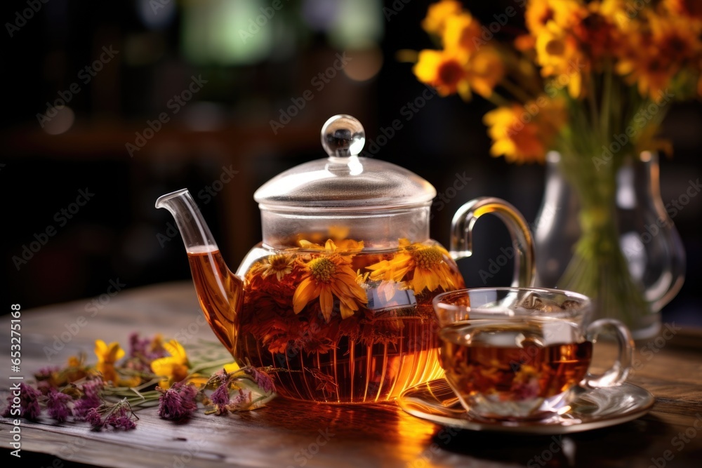 glass teapot filled with floral herbal tea glass teapot filled with floral herbal tea
