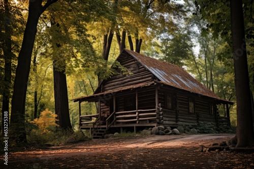 a log cabin surrounded by tall deciduous trees