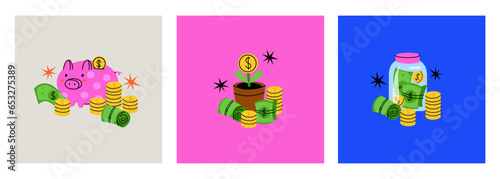 Cartoon money. Different green different dollar banknotes, golden coins. Piggy bank, credit card, jar and wallet. Bank symbols. Investment earnings and income. Finance business stickers, vector set