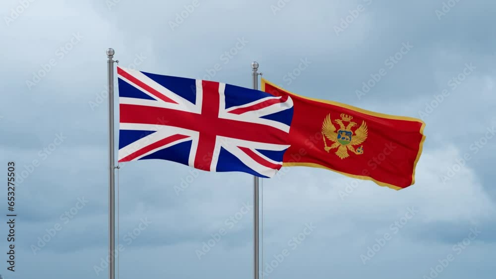 Montenegro and UK United Kingdom of Great Britain flag waving together on cloudy sky, endless seamless loop, two country cooperation concept