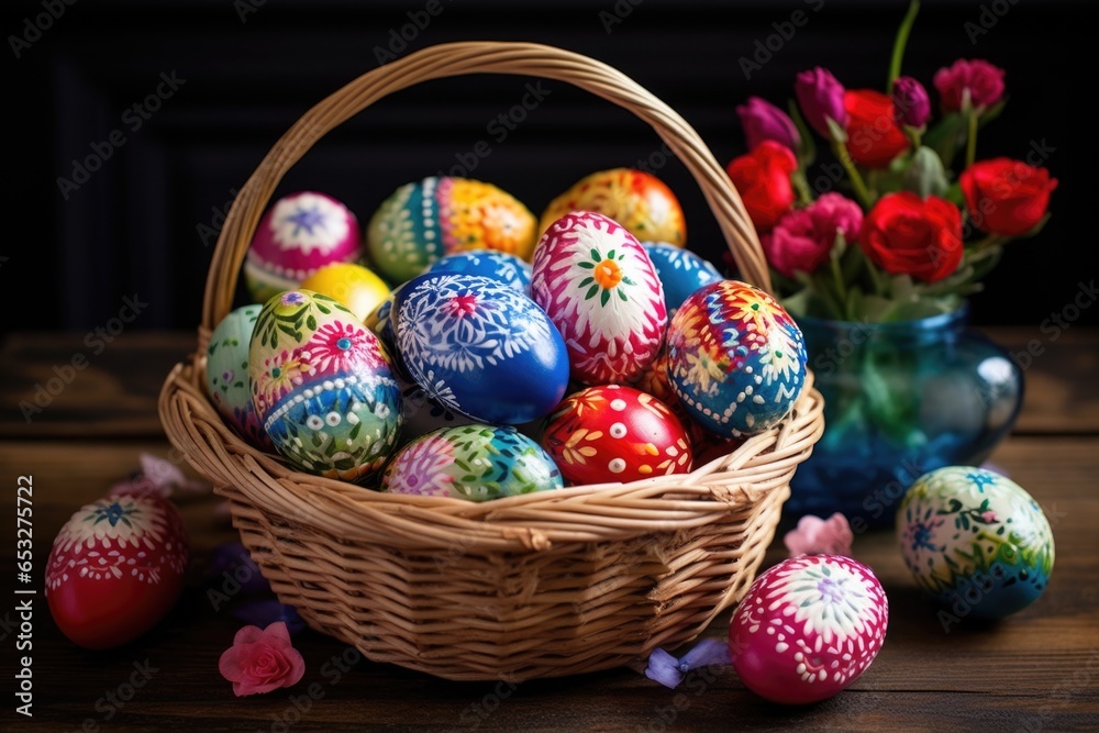brightly decorated easter eggs in a wicker basket