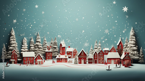 Cute Christmas card with houses in a snowy forest during a snowfall for your design. Generative Ai