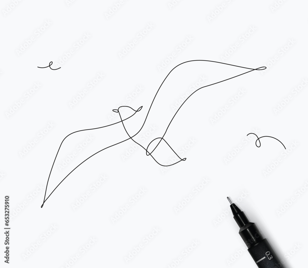 Seagull drawing in minimalism style pen line style on white background
