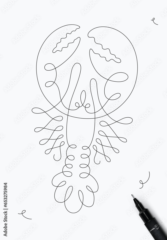 Lobster sea creature drawing in pen line style on white background