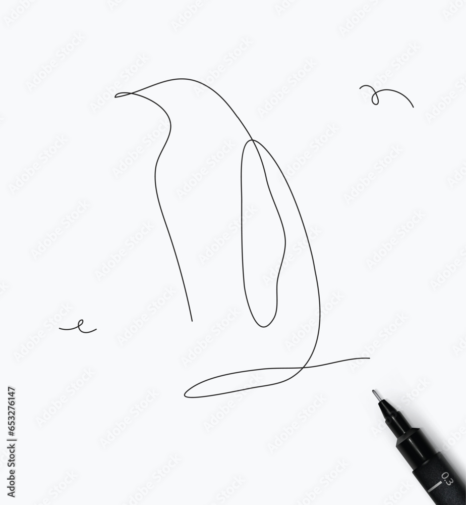 Penguin sea creature drawing in minimalism pen line style on white background