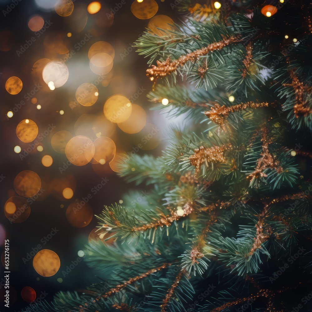 Decorated Christmas tree on blurred background.