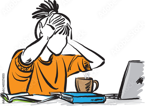 woman desperate gesture stressed working with laprop books cup coffee vector illustration