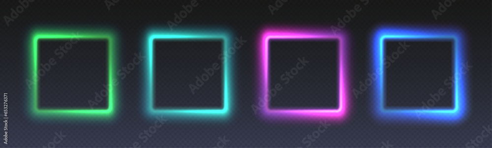 Neon glowing square frames, futuristic gradient colorful borders, modern vector decoration. Dynamic tech design elements.