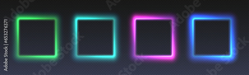 Neon glowing square frames, futuristic gradient colorful borders, modern vector decoration. Dynamic tech design elements.