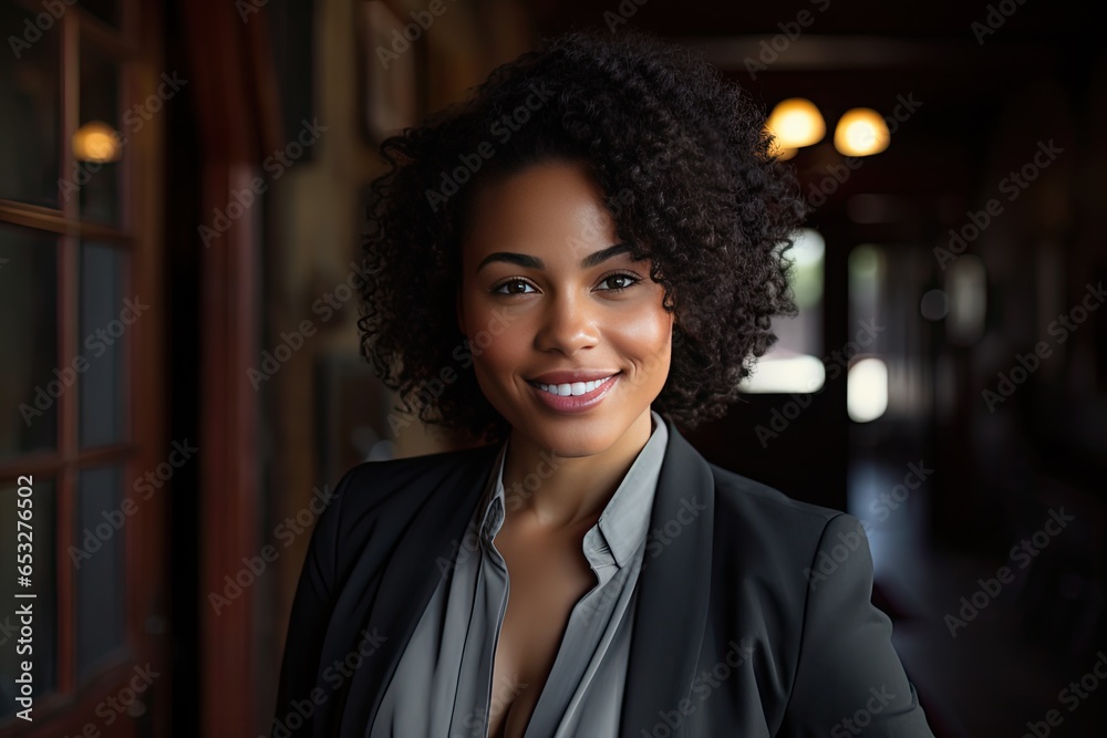 Portret pięknej Afro Amerykanki businesswoman w biurze  - obrazy, fototapety, plakaty 