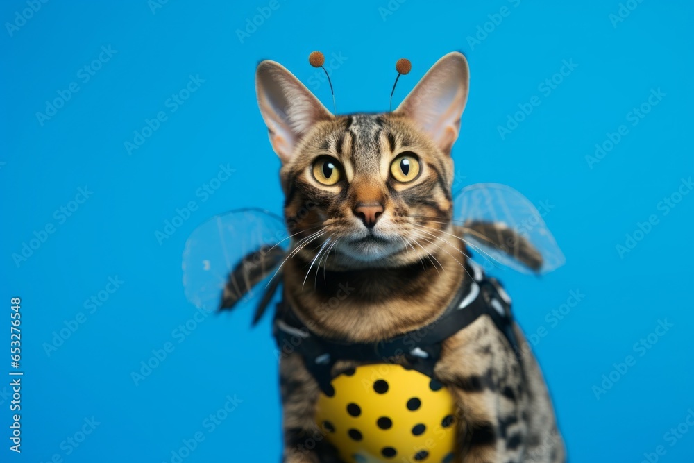 happy savannah cat wearing a bumblebee wings harness in cerulean blue background happy savannah cat wearing a bumblebee wings harness in cerulean blue background