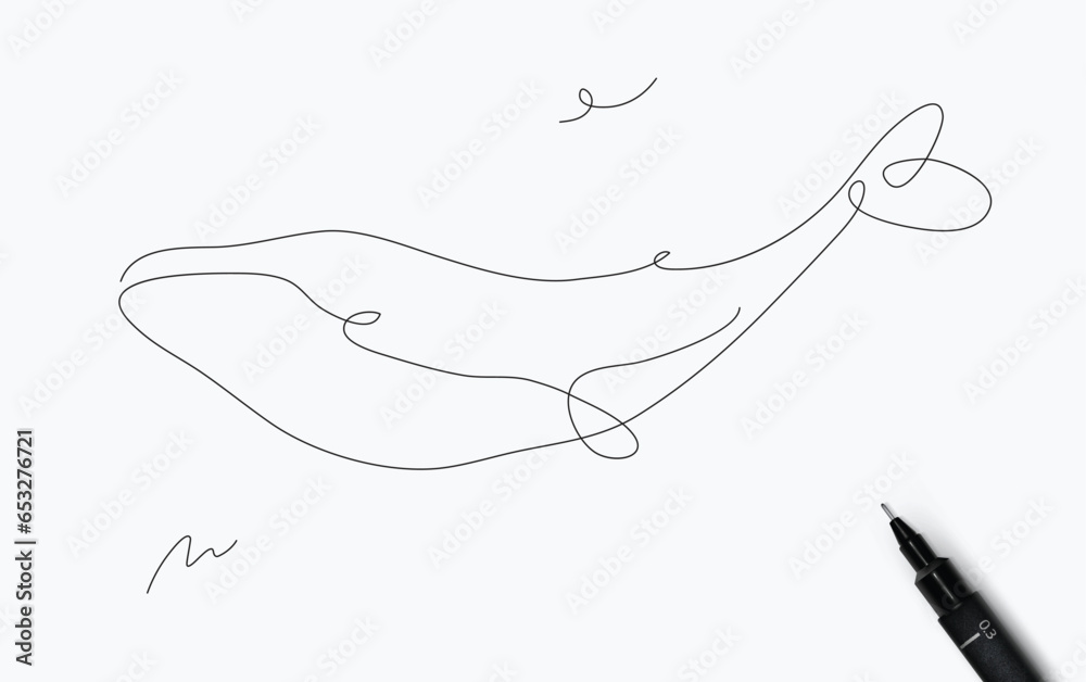 Whale sea creature drawing in pen line style on white background