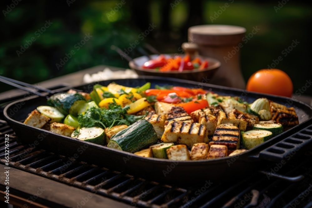 a garden grill with sizzling vegetables and tofu a garden grill with sizzling vegetables and tofu
